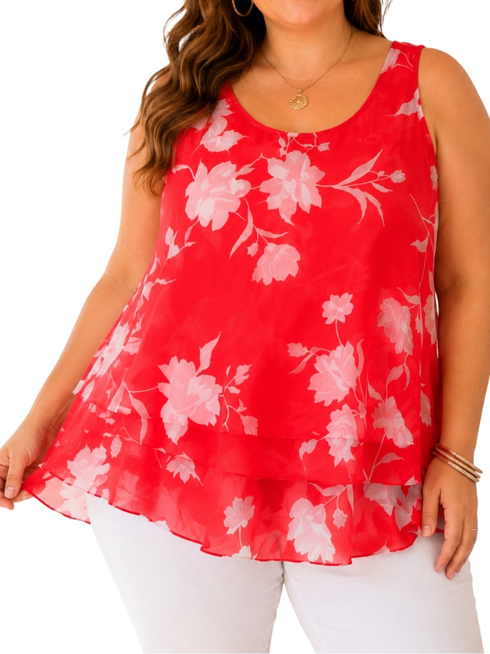 Lane Bryant Coral Floral Sheer Layered Tunic Tank Top 22L Plus Size